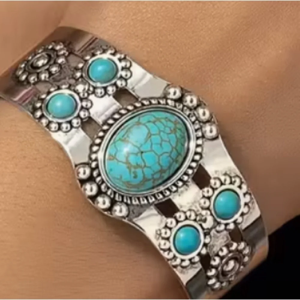 TURQUOISE & Silver Embossed Open Cuff Adjustable Bangle Bracelet NIB